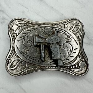 Vintage Western Saddle Belt Buckle Silver Tone Equestrian Engraved ✨